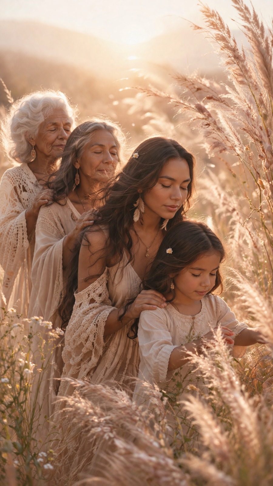 Cuatro mujeres representando el linaje femenino, tomadas de los hombros en forma de cadena, avanzando hacia una niña como símbolo de la historia emocional que se transmite entre generaciones.